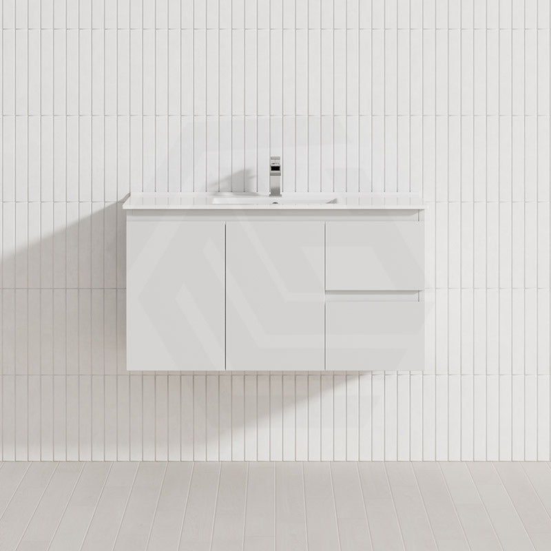 Lukka Alpha Ensuite 900mm Gloss White PVC Narrow Wall Hung Vanity with Left/Right Hand Drawers and Soft Closing Finger Pull Doors