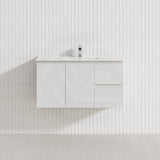 Lukka Alpha Ensuite 900mm Gloss White PVC Narrow Wall Hung Vanity with Left/Right Hand Drawers and Soft Closing Finger Pull Doors