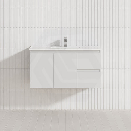 Lukka Alpha Ensuite 900mm Gloss White PVC Narrow Wall Hung Vanity with Left/Right Hand Drawers and Soft Closing Finger Pull Doors