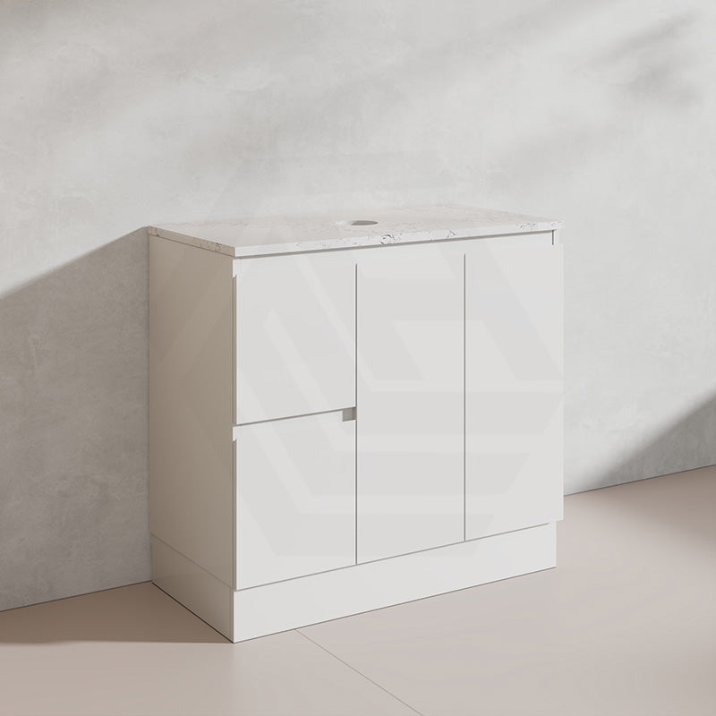 Lukka Alpha 900mm Gloss White PVC Freestanding Vanity with Left/Right Hand Drawers and Soft Closing Finger Pull Doors