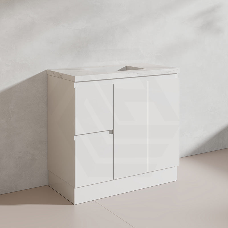 Lukka Alpha 900mm Gloss White PVC Freestanding Vanity with Left/Right Hand Drawers and Soft Closing Finger Pull Doors