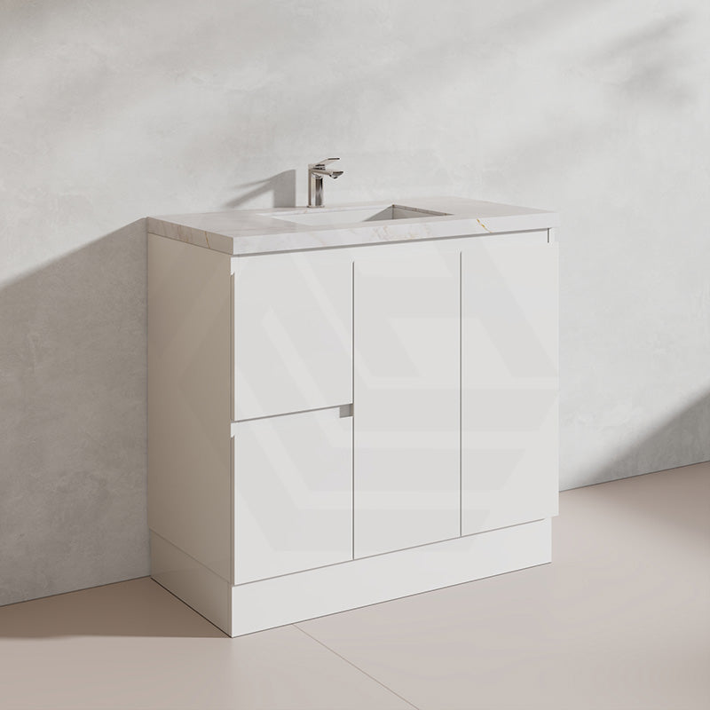 Lukka Alpha 900mm Gloss White PVC Freestanding Vanity with Left/Right Hand Drawers and Soft Closing Finger Pull Doors