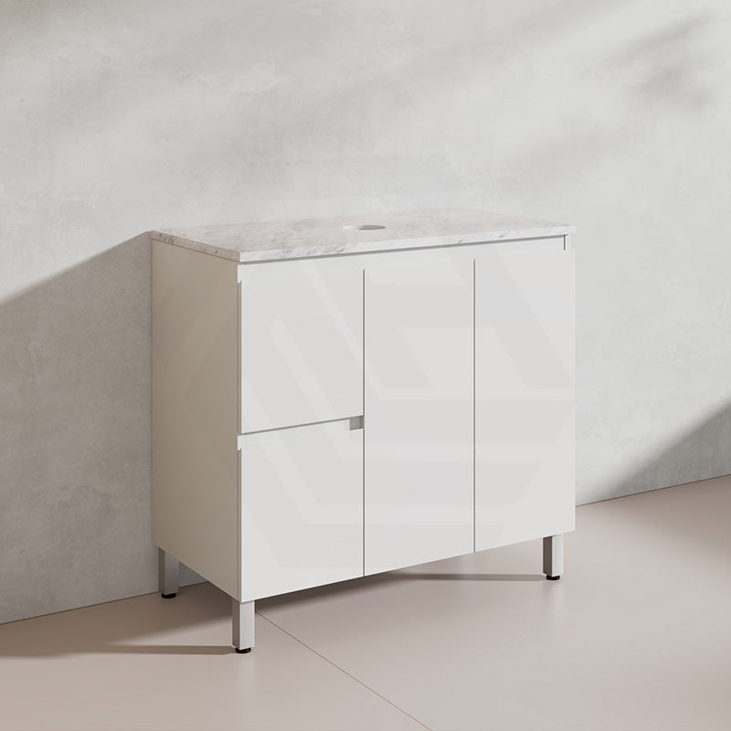 Lukka Alpha 900mm Gloss White PVC Freestanding Vanity with Left/Right Hand Drawers and Soft Closing Finger Pull Doors