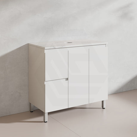Lukka Alpha 900mm Gloss White PVC Freestanding Vanity with Left/Right Hand Drawers and Soft Closing Finger Pull Doors