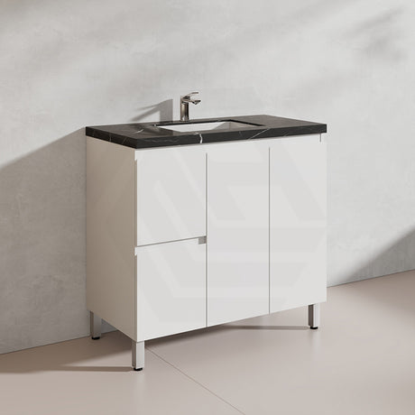 Lukka Alpha 900mm Gloss White PVC Freestanding Vanity with Left/Right Hand Drawers and Soft Closing Finger Pull Doors
