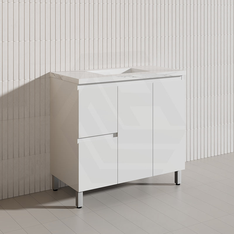 Lukka Alpha 900mm Gloss White PVC Freestanding Vanity with Left/Right Hand Drawers and Soft Closing Finger Pull Doors