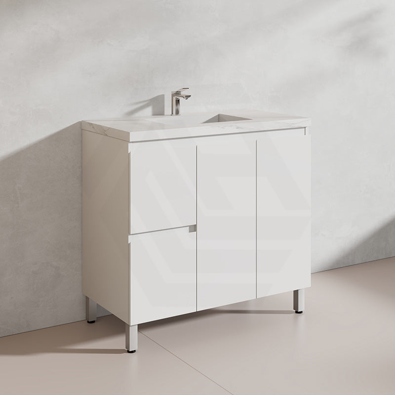Lukka Alpha 900mm Gloss White PVC Freestanding Vanity with Left/Right Hand Drawers and Soft Closing Finger Pull Doors