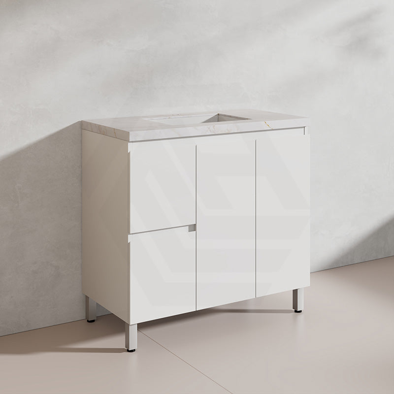 Lukka Alpha 900mm Gloss White PVC Freestanding Vanity with Left/Right Hand Drawers and Soft Closing Finger Pull Doors