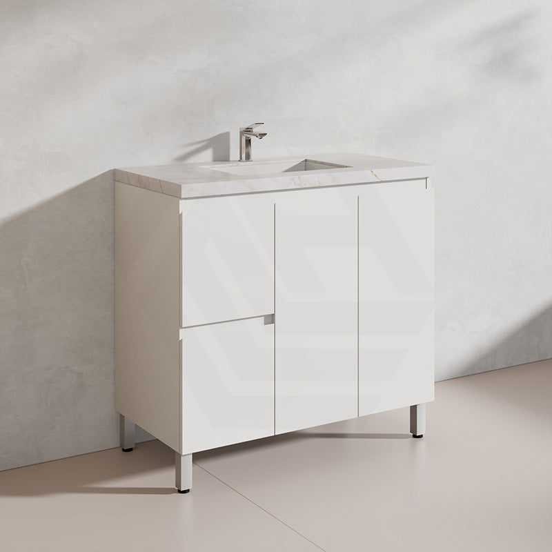 Lukka Alpha 900mm Gloss White PVC Freestanding Vanity with Left/Right Hand Drawers and Soft Closing Finger Pull Doors