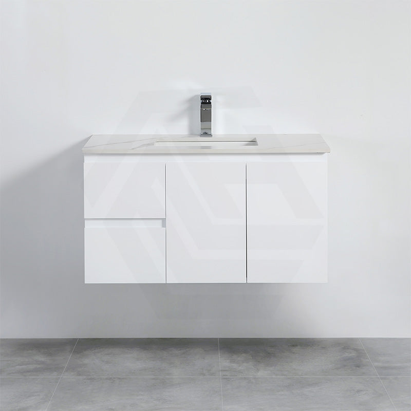 Lukka Alpha 900mm Gloss White PVC Wall Hung Vanity with Soft Closing Finger Pull Doors and Left/Right Hand Drawers