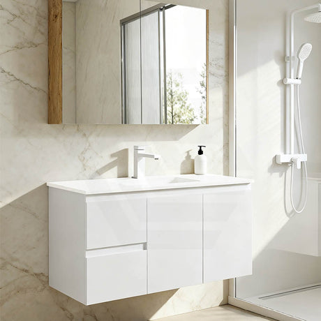 Lukka Alpha 900mm Gloss White PVC Wall Hung Vanity with Soft Closing Finger Pull Doors and Left/Right Hand Drawers