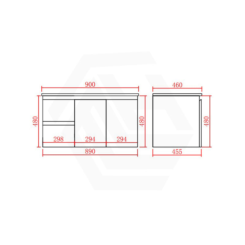 Lukka Alpha 900mm Gloss White PVC Wall Hung Vanity with Soft Closing Finger Pull Doors and Left/Right Hand Drawers