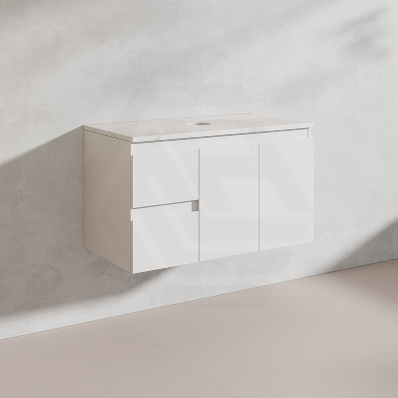 Lukka Alpha 900mm Gloss White PVC Wall Hung Vanity with Soft Closing Finger Pull Doors and Left/Right Hand Drawers