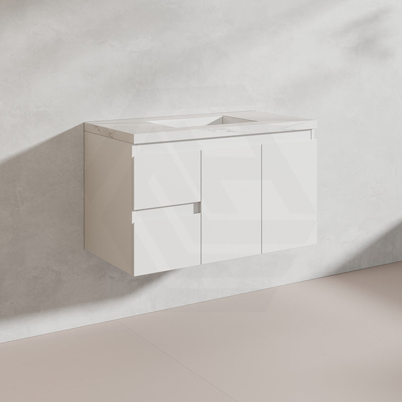 Lukka Alpha 900mm Gloss White PVC Wall Hung Vanity with Soft Closing Finger Pull Doors and Left/Right Hand Drawers
