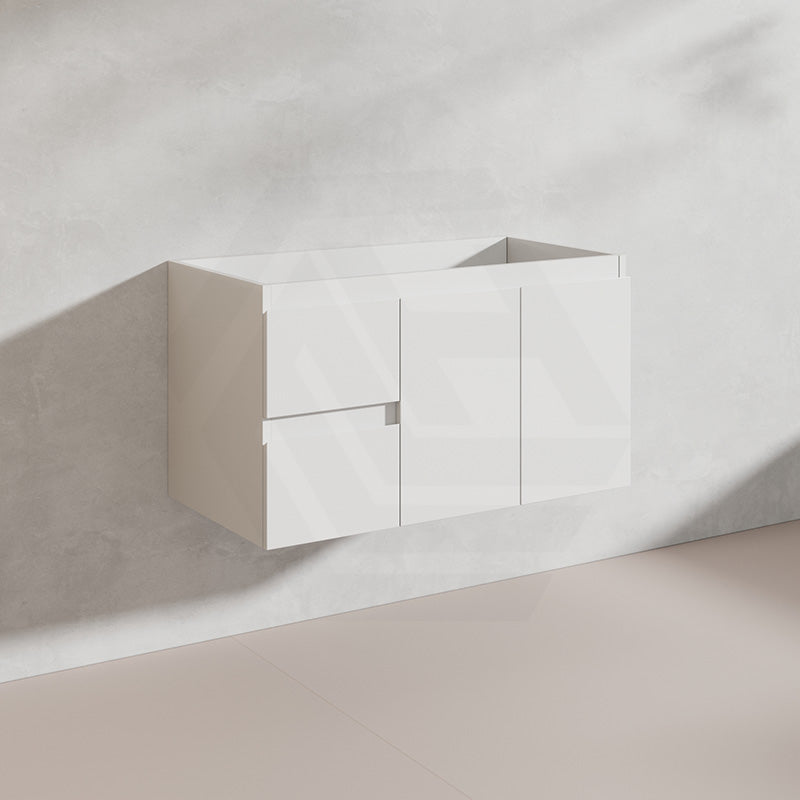 Lukka Alpha 900mm Gloss White PVC Wall Hung Vanity with Soft Closing Finger Pull Doors and Left/Right Hand Drawers