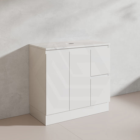Lukka Alpha 900mm Gloss White PVC Freestanding Vanity with Left/Right Hand Drawers and Soft Closing Finger Pull Doors