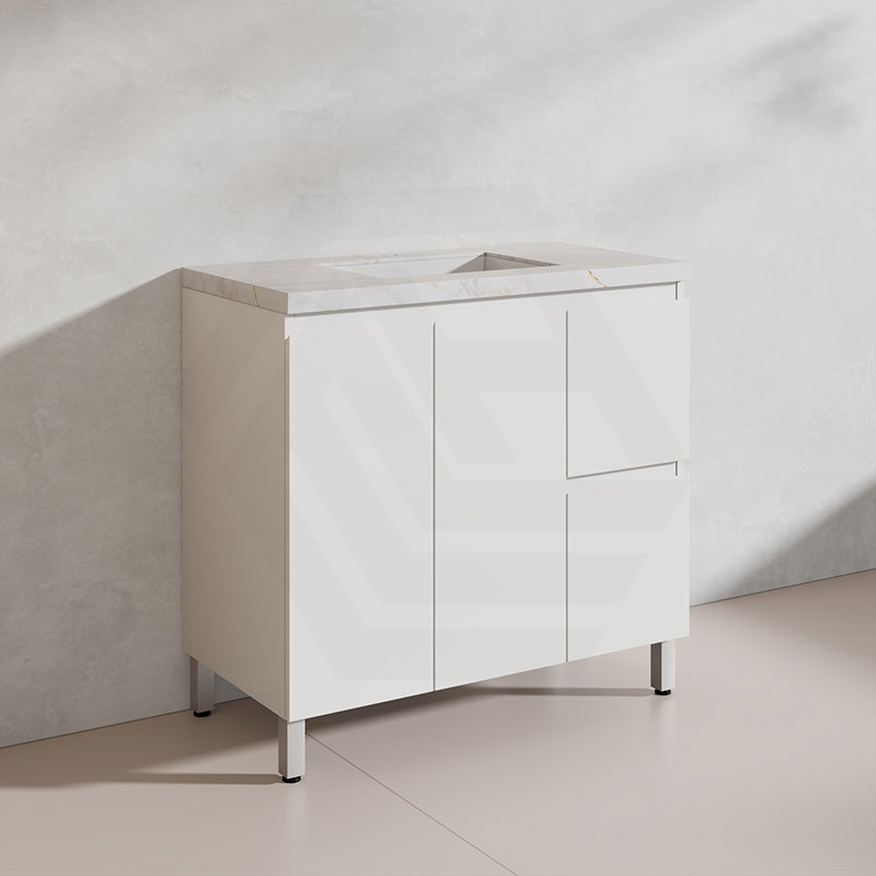 Lukka Alpha 900mm Gloss White PVC Freestanding Vanity with Left/Right Hand Drawers and Soft Closing Finger Pull Doors