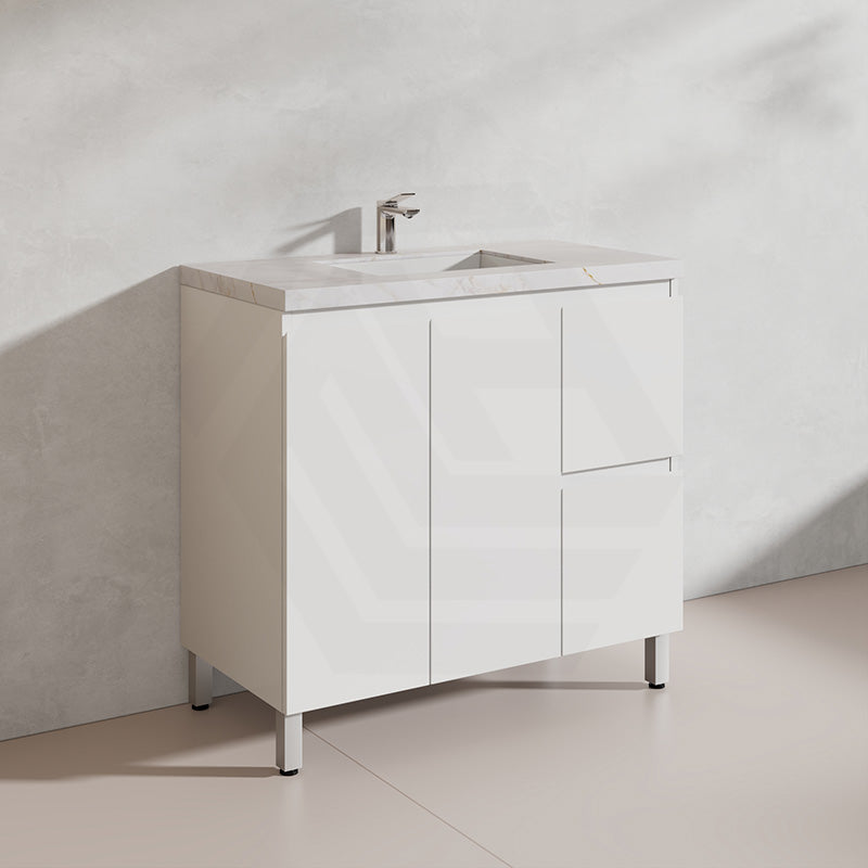 Lukka Alpha 900mm Gloss White PVC Freestanding Vanity with Left/Right Hand Drawers and Soft Closing Finger Pull Doors