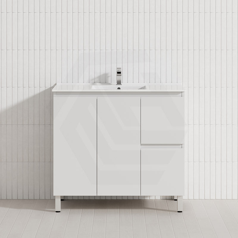 Lukka Alpha 900mm Gloss White PVC Freestanding Vanity with Left/Right Hand Drawers and Soft Closing Finger Pull Doors