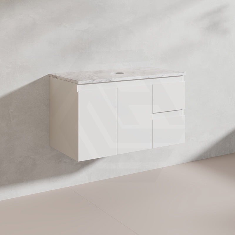 Lukka Alpha 900mm Gloss White PVC Wall Hung Vanity with Soft Closing Finger Pull Doors and Left/Right Hand Drawers