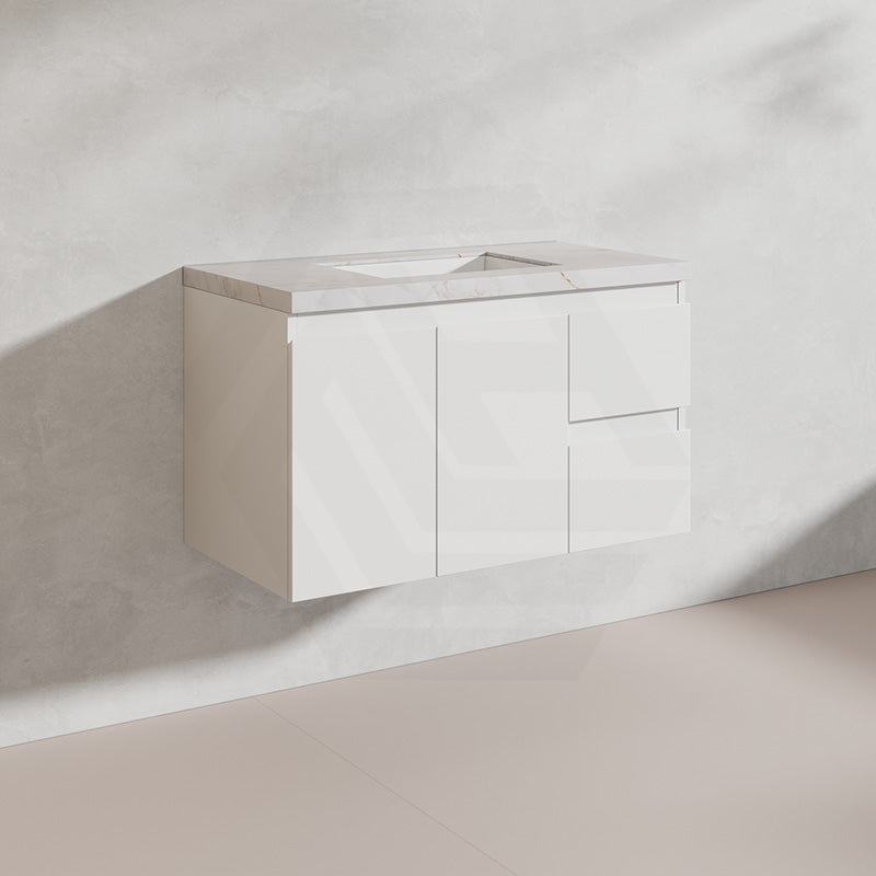 Lukka Alpha 900mm Gloss White PVC Wall Hung Vanity with Soft Closing Finger Pull Doors and Left/Right Hand Drawers