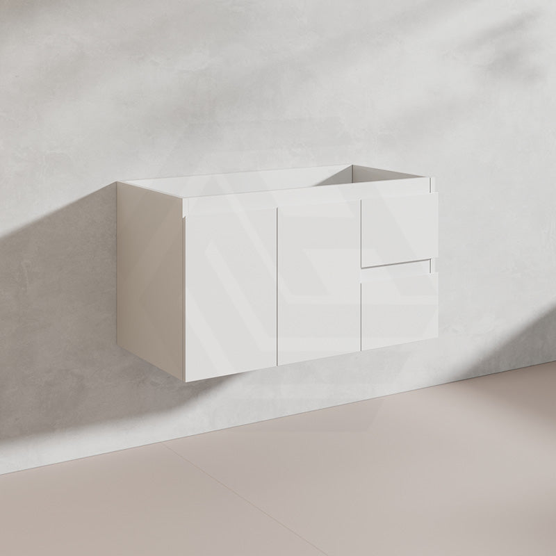 Lukka Alpha 900mm Gloss White PVC Wall Hung Vanity with Soft Closing Finger Pull Doors and Left/Right Hand Drawers