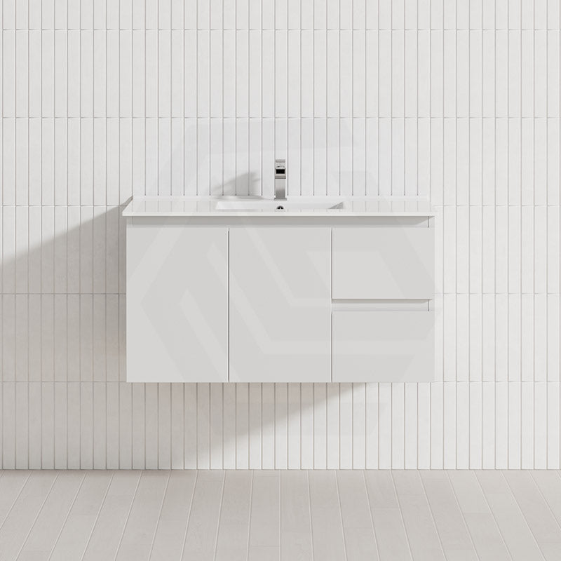 Lukka Alpha 900mm Gloss White PVC Wall Hung Vanity with Soft Closing Finger Pull Doors and Left/Right Hand Drawers