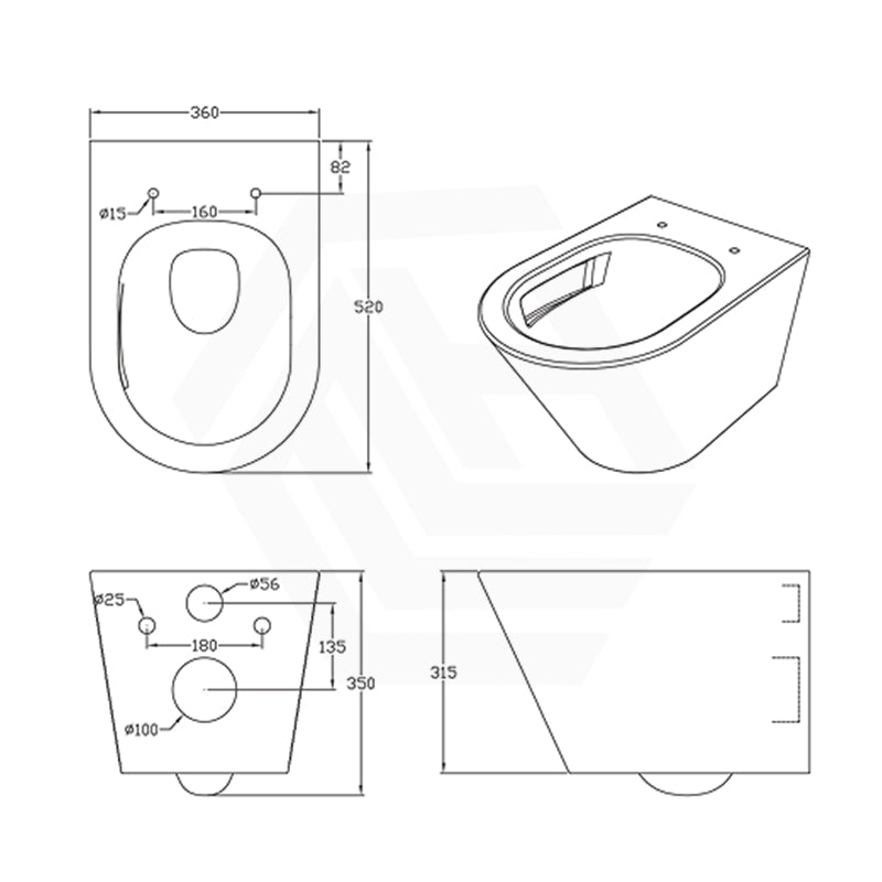 Lukka Agena 520x360x350mm Tornado Rimless Flush Wall Hung Toilet Pan In Various Colours
