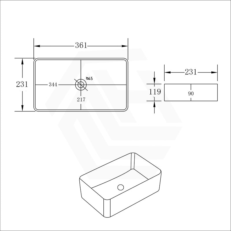 Lukka Crete Ceramic Above Counter Basin No Overflow 361x231x119mm - Gloss White