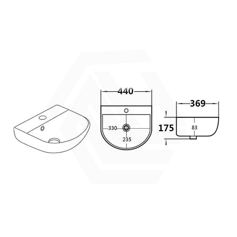 Lukka Carrida 440x369x175mm Gloss White Fine Ceramic Wall Hung Basin with Tap Hole