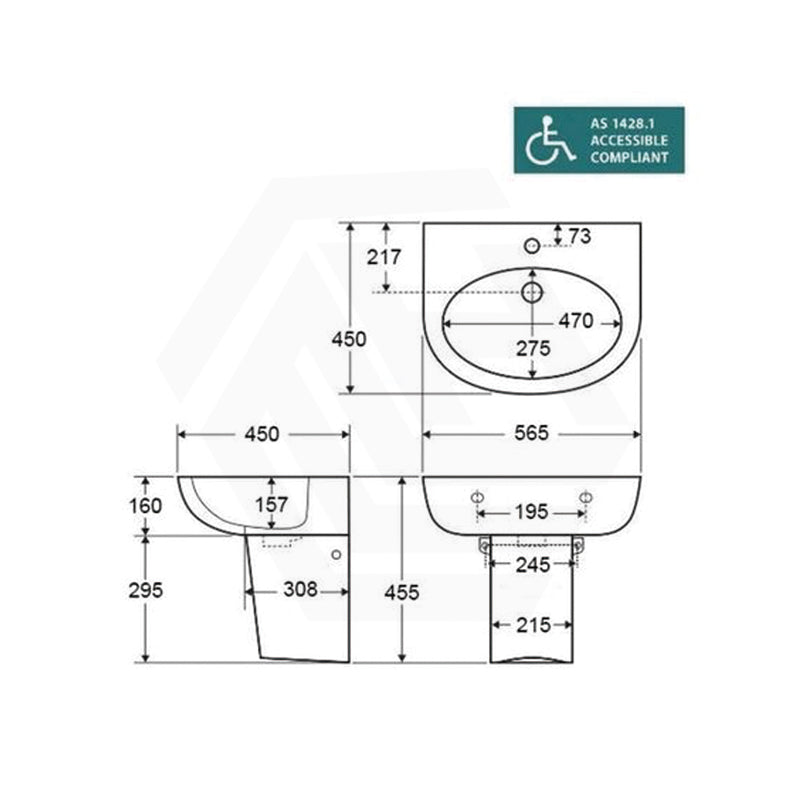 Lukka 565x450x160mm Carrida Bathroom Wall Hung Gloss White Ceramic Care Basin One Tap Hole