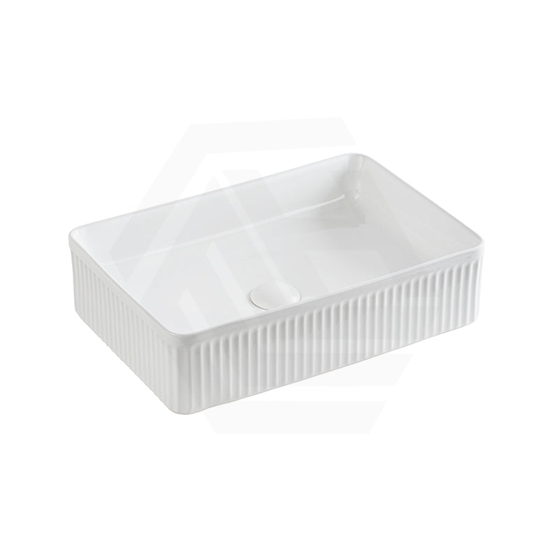Lukka Crete 500x340x130mm Flueted Rectangle Above Counter Ceramic Basin Gloss White
