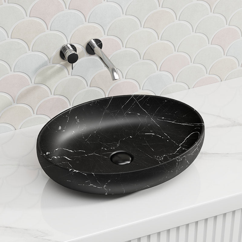 Lukka Carey Oval Above Counter Basin Ceramic Matt Marble 520x395x130mm - Matt Marble White/ Black