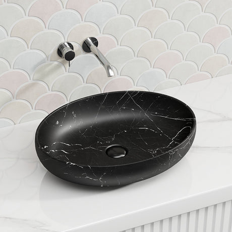 Lukka 520x395x130mm Carey Oval Above Counter Basin Ceramic Matt Marble White/ Matt Marble Black