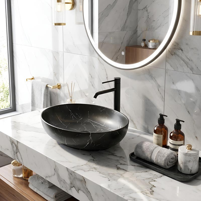 Lukka Carey Oval Above Counter Basin Ceramic Matt Marble 520x395x130mm - Matt Marble White/ Black