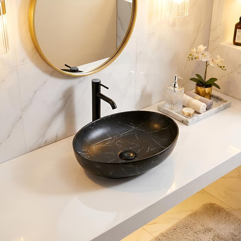 Lukka Carey Oval Above Counter Basin Ceramic Matt Marble 520x395x130mm - Matt Marble White/ Black