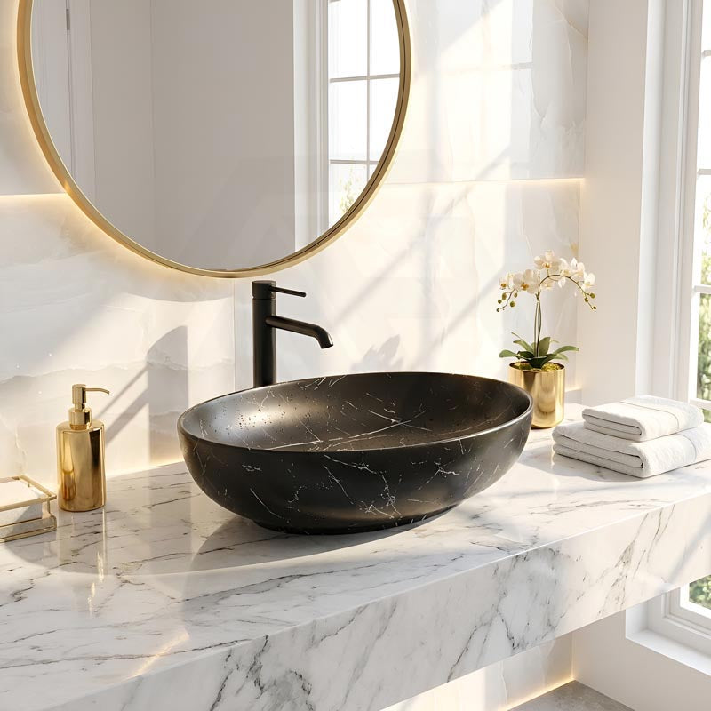 Lukka Carey Oval Above Counter Basin Ceramic Matt Marble 520x395x130mm - Matt Marble White/ Black