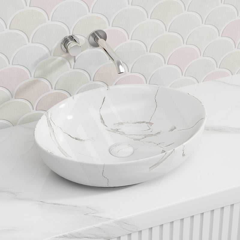 Lukka 520x395x130mm Carey Oval Above Counter Basin Ceramic Matt Marble White