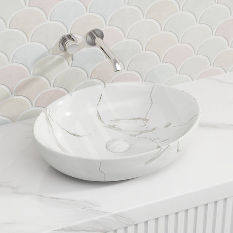 Lukka 520x395x130mm Carey Oval Above Counter Basin Ceramic Matt Marble White