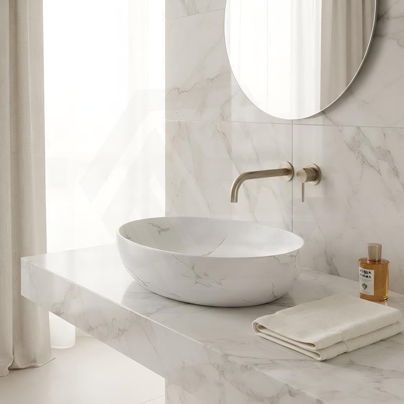 Lukka Carey Oval Above Counter Basin Ceramic Matt Marble 520x395x130mm - Matt Marble White/ Black