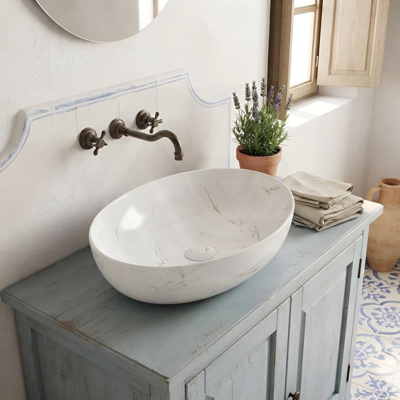 Lukka Carey Oval Above Counter Basin Ceramic Matt Marble 520x395x130mm - Matt Marble White/ Black