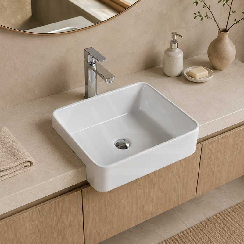 Lukka Rectangle Semi Recessed Ceramic Basin 480x377x135mm - Gloss White