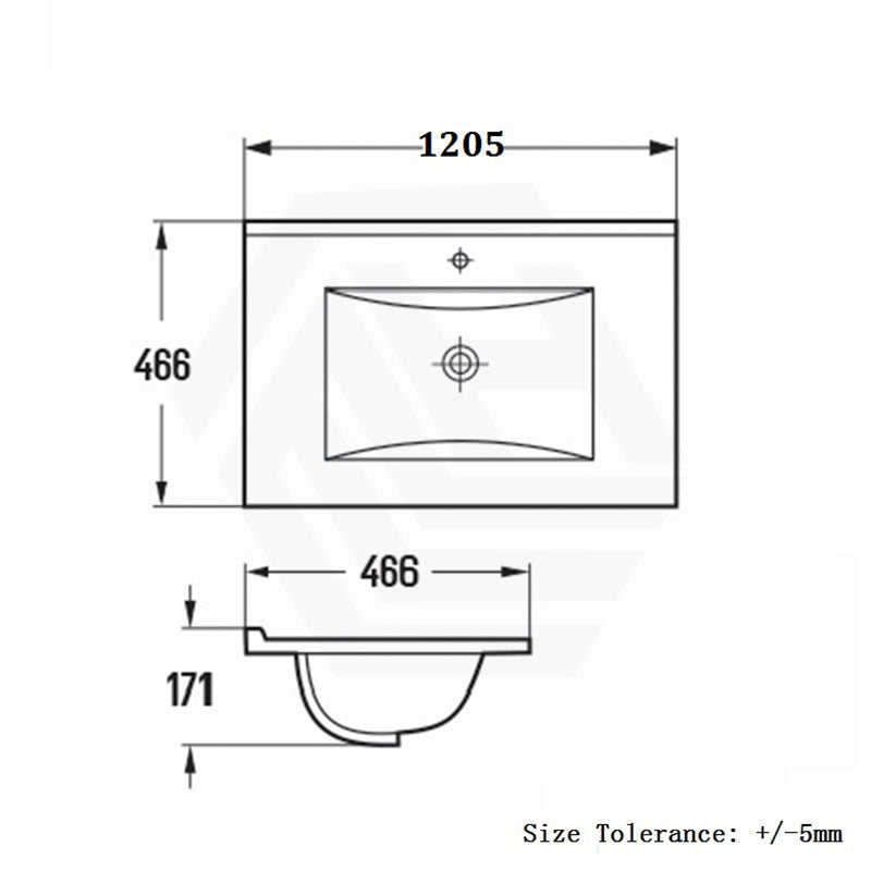 1205x466x171mm Lukka Crete Gloss white Ceramic Vanity Top Single Bowl 1 Tap hole 1 Overflow Hole