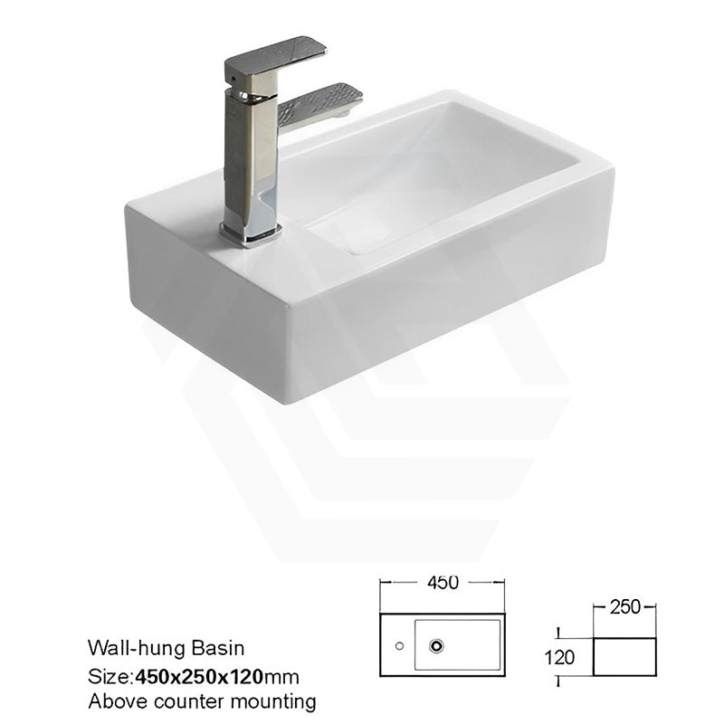 Lukka 450x250x120mm Crete Fine Ceramic Wall Hung Mini Basin Gloss White No Overflow Left / Right Hand Side Tap Hole