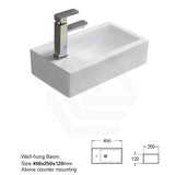Lukka 450x250x120mm Crete Fine Ceramic Wall Hung Mini Basin Gloss White No Overflow Left / Right Hand Side Tap Hole
