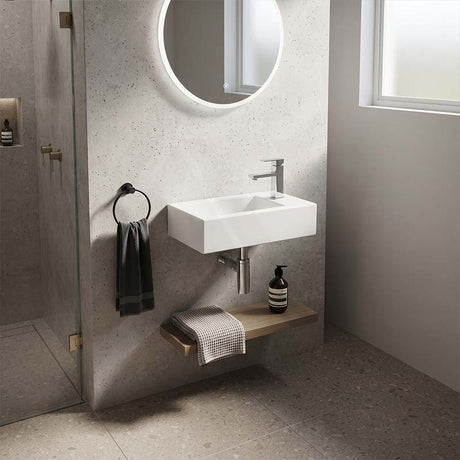 Lukka Crete Fine Ceramic Wall Hung Mini Basin No Overflow Left / Right Hand Side Tap Hole 450x250x120mm - Gloss White