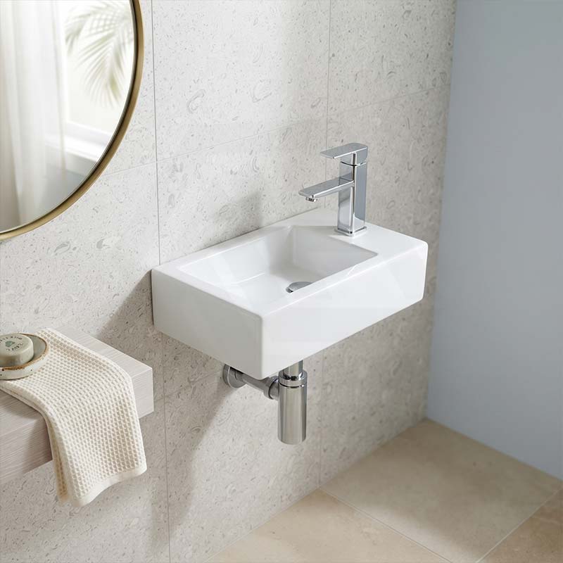 Lukka Crete Fine Ceramic Wall Hung Mini Basin No Overflow Left / Right Hand Side Tap Hole 450x250x120mm - Gloss White