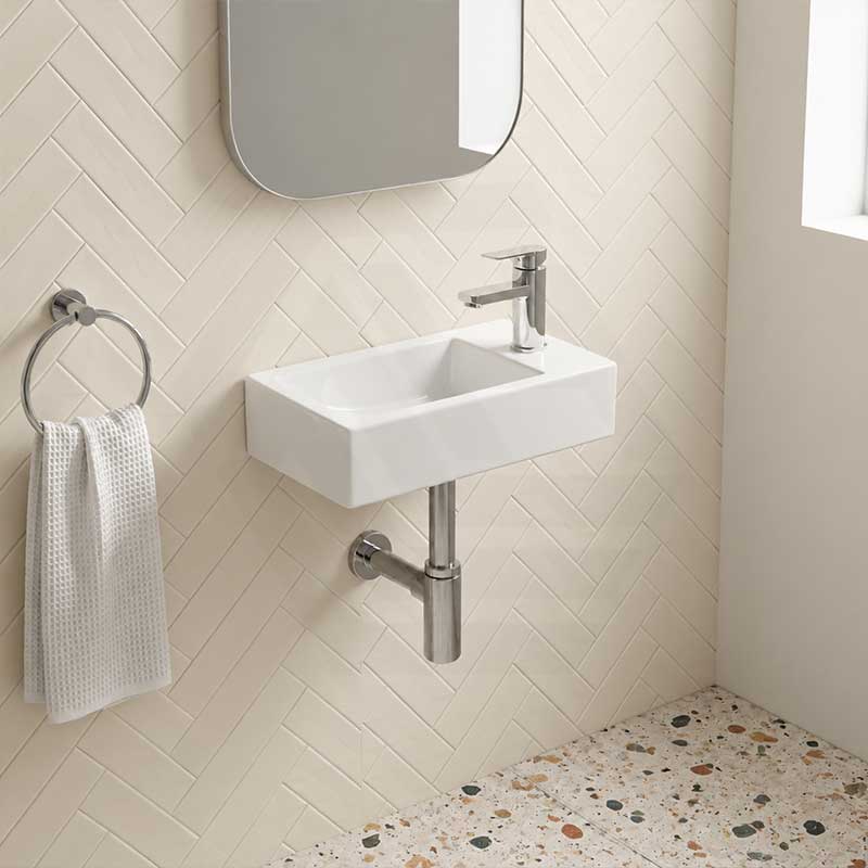 Lukka Crete Fine Ceramic Wall Hung Mini Basin No Overflow Left / Right Hand Side Tap Hole 450x250x120mm - Gloss White