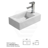 Lukka 450x250x120mm Crete Fine Ceramic Wall Hung Mini Basin Gloss White No Overflow Left / Right Hand Side Tap Hole