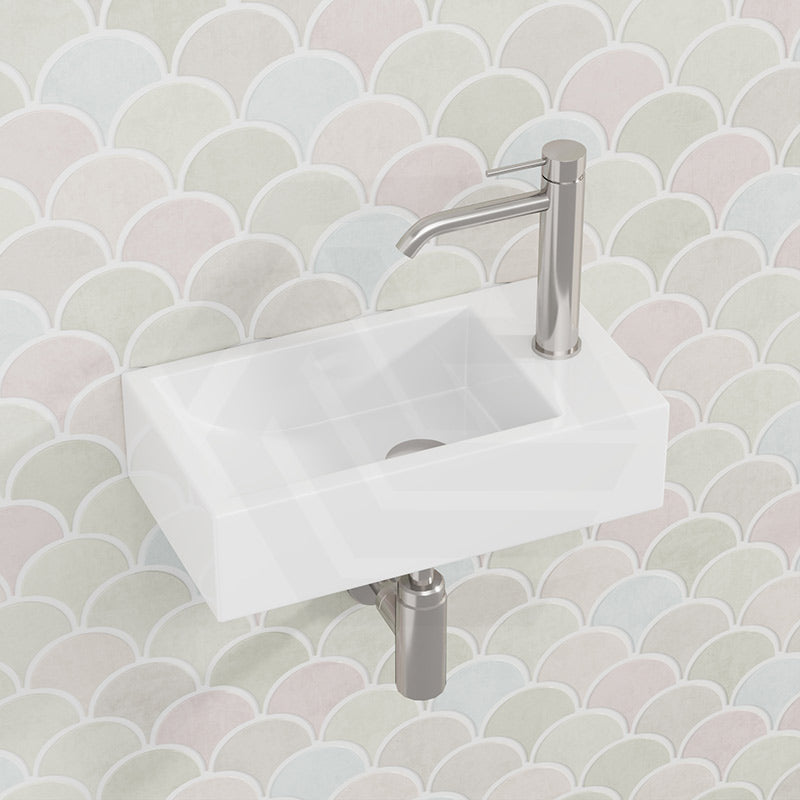 Lukka Crete Fine Ceramic Wall Hung Mini Basin No Overflow Left / Right Hand Side Tap Hole 450x250x120mm - Gloss White